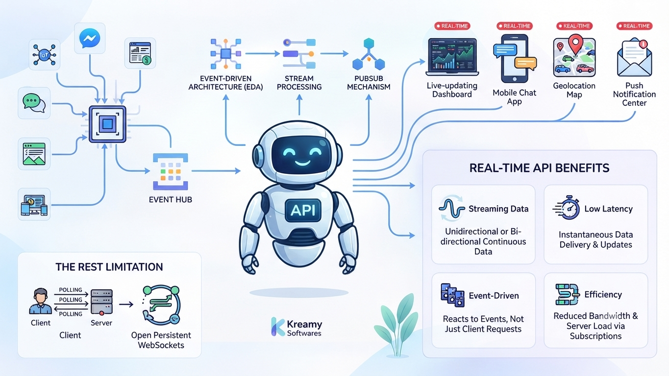 Data streams flowing between servers representing real-time APIs